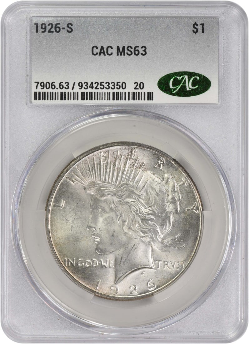 1926-S Peace Silver Dollar MS63 Uncirculated CACG Certified: 1926-S Peace Silver Dollar MS63 Uncirculated CACG Certified This 1926-S Peace Silver Dollar is a remarkable addition for any coin collector. Minted in San Francisco, this uncirculated coin showcases a