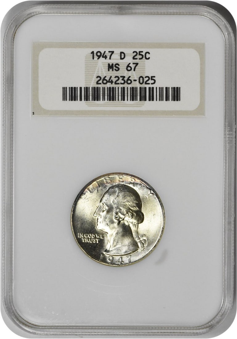 MS67 NGC 1947-D Washington 25C Silver Quarter Uncirculated Denver Mint: MS67 NGC 1947-D Washington 25C Silver Quarter Uncirculated Denver Mint This is a 1947-D Washington Silver Quarter graded MS67 by NGC. Struck in Denver, this uncirculated coin is composed of 90% silver