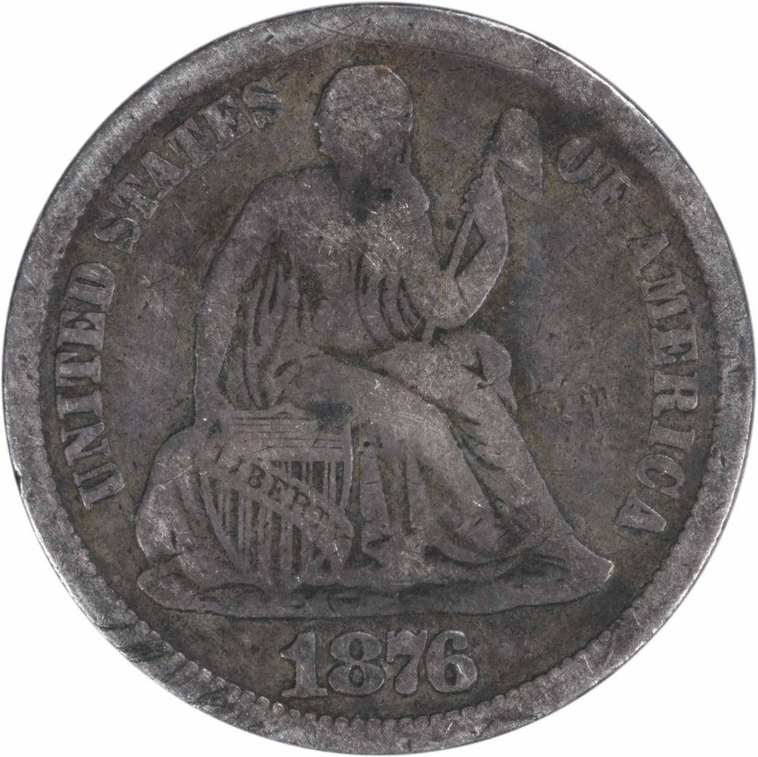 1876-CC Liberty Seated Silver Dime 90% Silver Uncertified: 1876-CC Liberty Seated Silver Dime 90% Silver Uncertified This 1876-CC Liberty Seated Silver Dime is a remarkable piece of numismatic history. It features the iconic Seated Liberty design, created by