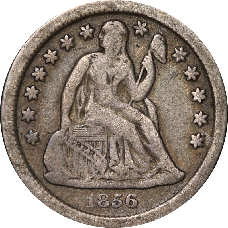 1856-O Seated Liberty Dime Silver Coin Circulated: 1856-O Seated Liberty Dime Silver Coin Circulated This 1856-O Seated Liberty Dime features a striking design and is a notable piece for collectors. The coin is composed of silver with a fineness of 0.