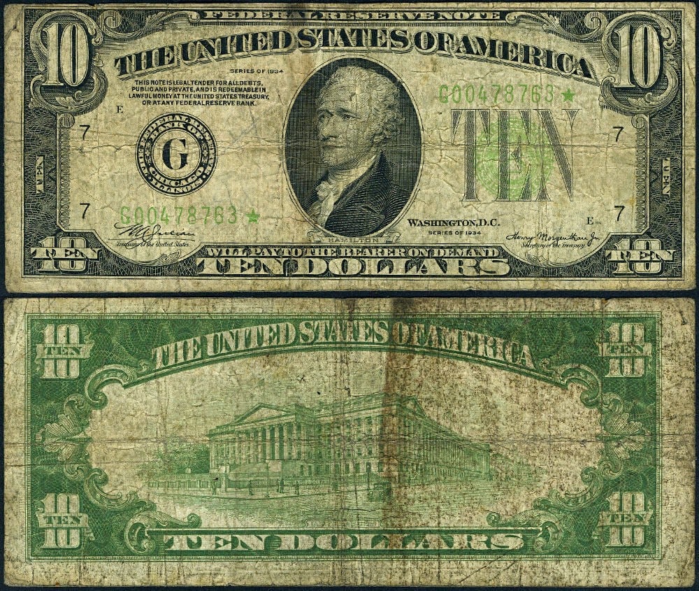 1934 $10 Federal Reserve Note Chicago G* Block Fine STAR Circulated (1 of 3)