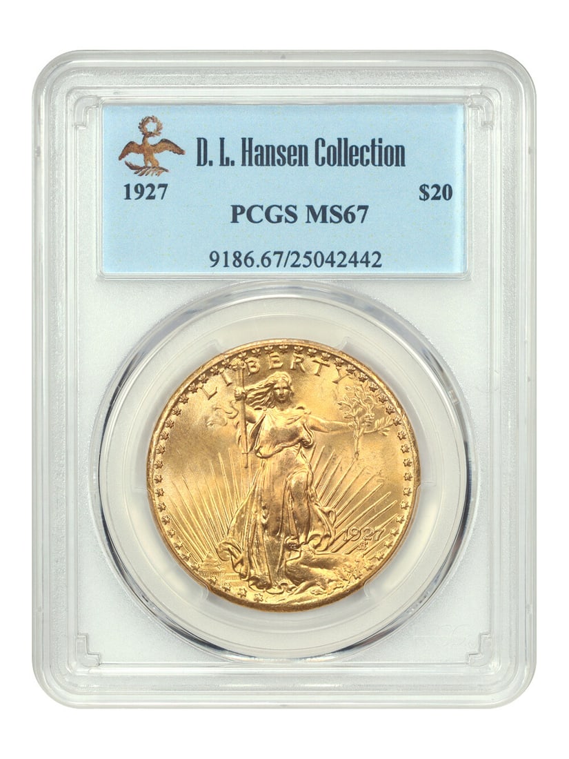 1927 St. Gaudens $20 Gold Coin PCGS MS67 D.L. Hansen: 1927 St. Gaudens $20 Gold Coin PCGS MS67 D.L. Hansen This 1927 $20 St. Gaudens gold coin is a remarkable specimen, graded MS67 by PCGS, indicating it is in uncirculated condition. With its stunning ho