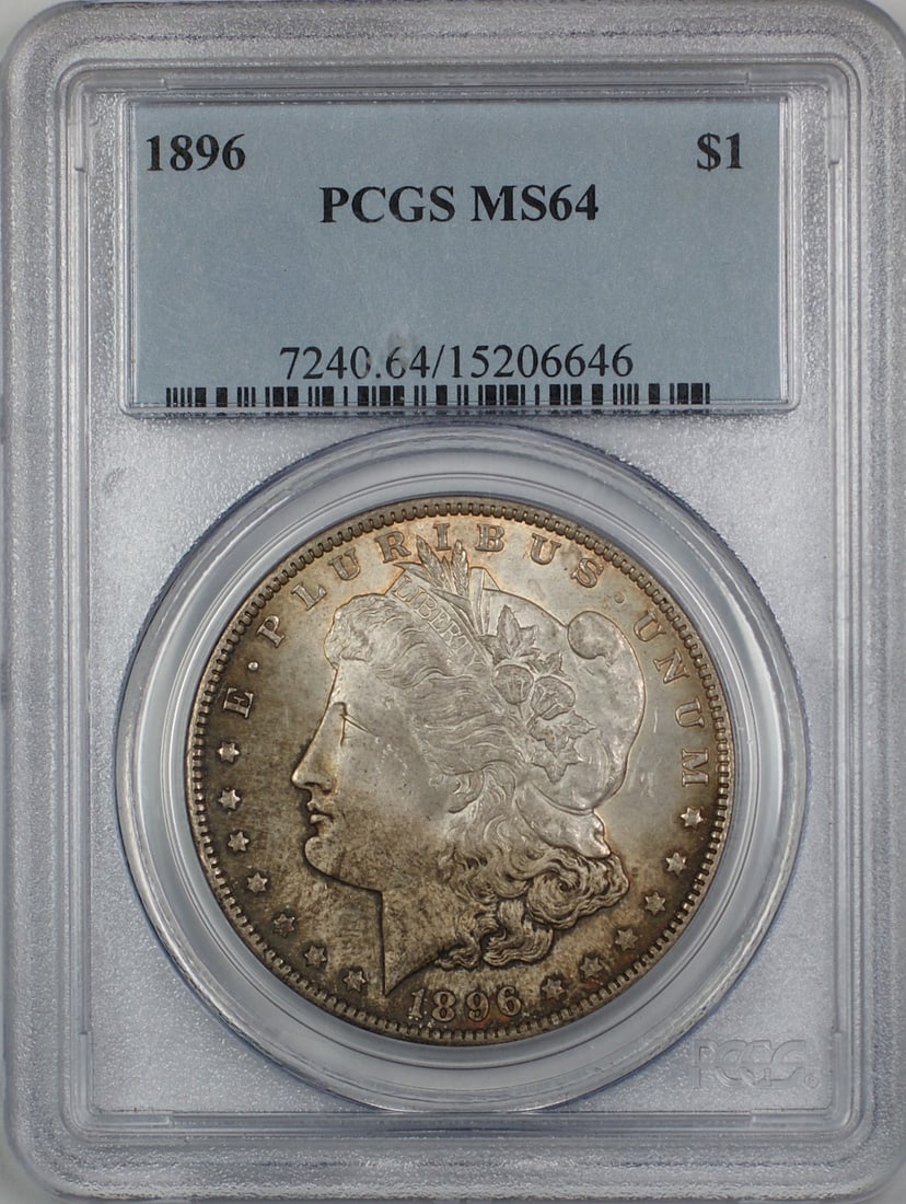 PCGS MS-64 1896 Morgan Silver Dollar Toned Philadelphia Mint: PCGS MS-64 1896 Morgan Silver Dollar Toned Philadelphia Mint This 1896 Morgan Silver Dollar is certified by PCGS with a grade of MS-64 and features attractive toning. Struck at the Philadelphia Mint,