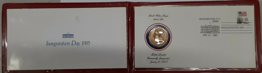 Ronald Reagan 1985 Second Inaugural Bronze Medal and Stamp Cover Set in Folder: Ronald Reagan 1985 Second Inaugural Bronze Medal and Stamp Cover Set in Folder This set commemorates the second inauguration of Ronald Reagan in 1985 and includes a bronze medal, an information bookle