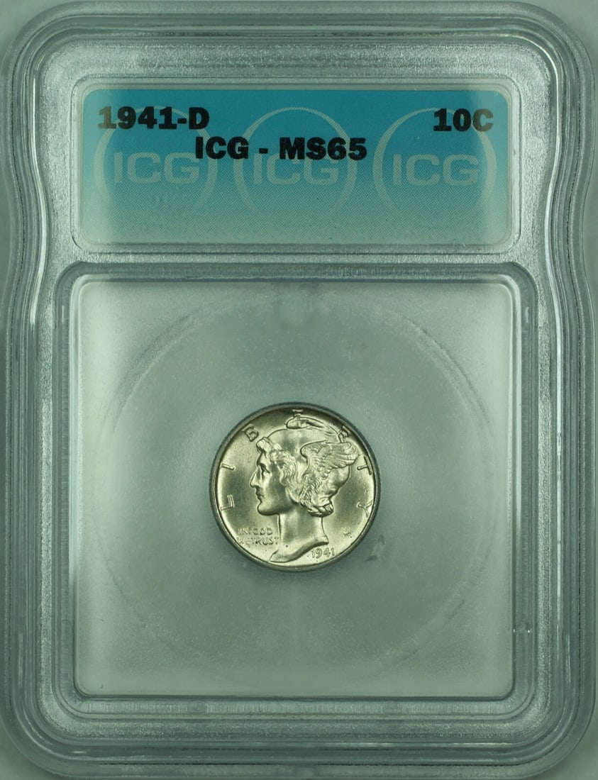 ICG MS-65 1941-D Silver 10C Mercury Dime with Full Bands Appearance: ICG MS-65 1941-D Silver 10C Mercury Dime with Full Bands Appearance This 1941-D Mercury Silver Dime is graded MS-65 by ICG and is composed of 90% silver. Minted in Denver, this uncirculated 10 cent co