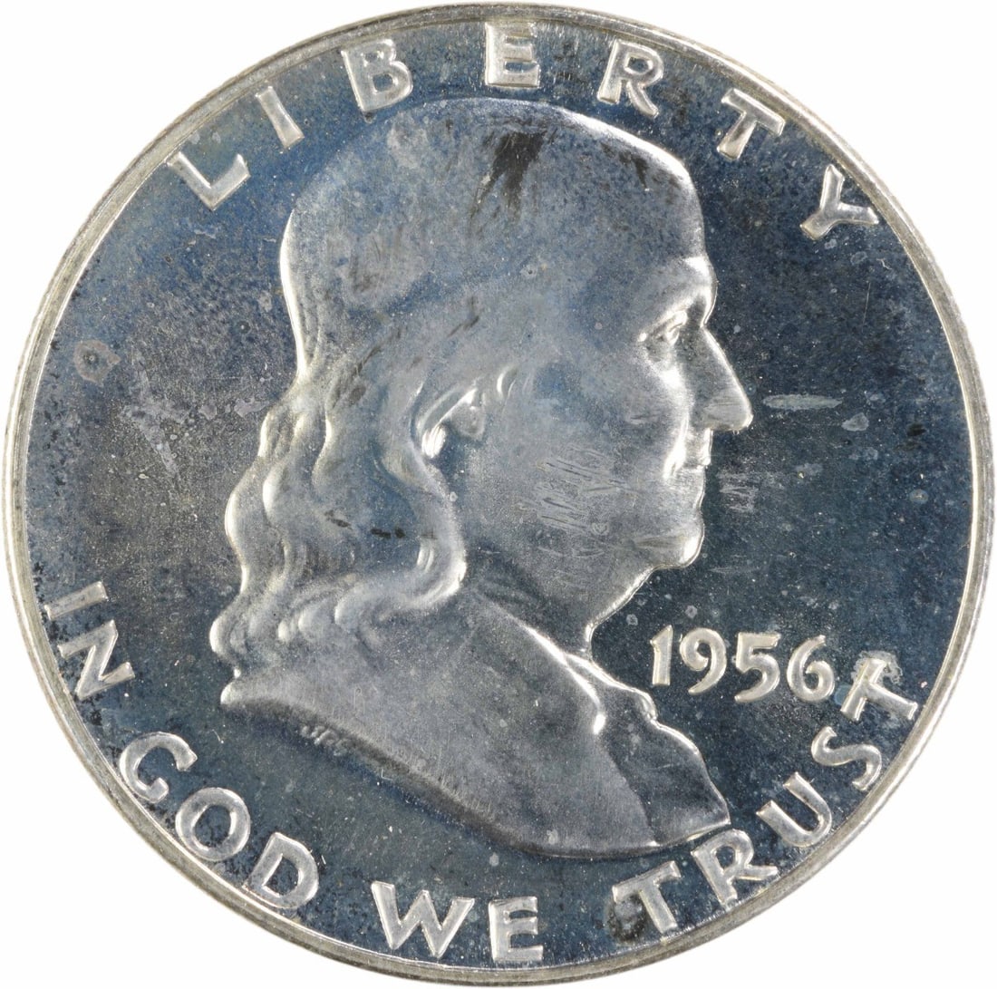1956 Proof Franklin Half Dollar Silver Uncertified Choice Plus: 1956 Proof Franklin Half Dollar Silver Uncertified Choice Plus This 1956 Franklin Half Dollar is a Choice Proof+ example, featuring a silver composition. The coin is uncirculated and uncertified, with