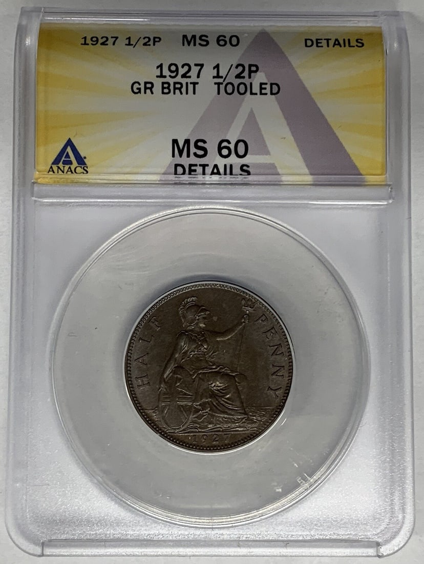 1927 United Kingdom Half Penny Copper Coin ANACS MS 60 Details Tooled: 1927 United Kingdom Half Penny Copper Coin ANACS MS 60 Details Tooled This 1927 Great Britain 1/2 Penny is composed of copper and has been certified by ANACS with a grade of MS 60 Details. The coin ha