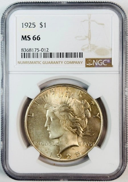 NGC MS 66 Graded 1925 USA Silver Peace Dollar Coin: NGC MS 66 Graded 1925 USA Silver Peace Dollar Coin This 1925 Peace Dollar is graded MS 66 by NGC and is composed of silver. It is an uncirculated coin from the United States and includes its unique NG