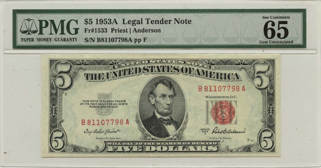 1953A $5 Legal Tender Note PMG GEM 65 EPQ Uncirculated: 1953A $5 Legal Tender Note PMG GEM 65 EPQ Uncirculated This 1953A $5 Legal Tender Note (FR#1533) is a remarkable collectible, certified by PMG with a grade of GEM 65 EPQ. It is uncirculated, showcasin