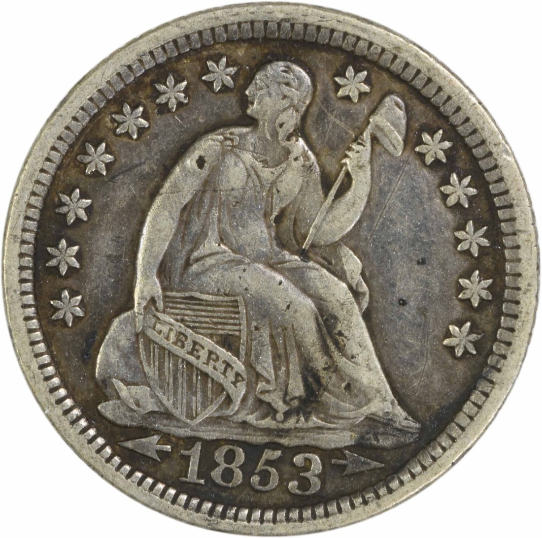 1853 Liberty Seated Half Dime 90% Silver Uncertified Coin: 1853 Liberty Seated Half Dime 90% Silver Uncertified Coin This 1853 Liberty Seated Silver Half Dime, featuring a design by Christian Gobrecht, is a notable addition to any coin collection. Struck in P