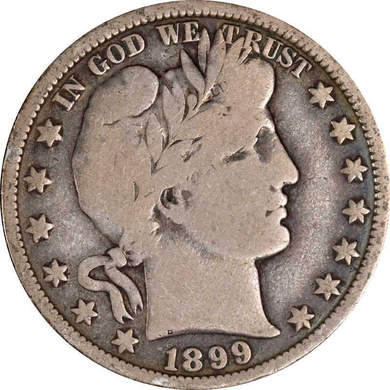 1899 New Orleans Silver Half Dollar Barber Design United States: 1899 New Orleans Silver Half Dollar Barber Design United States This 1899-O Barber Half Dollar is a circulated silver coin minted in New Orleans. It is composed of 90% silver and originates from the U