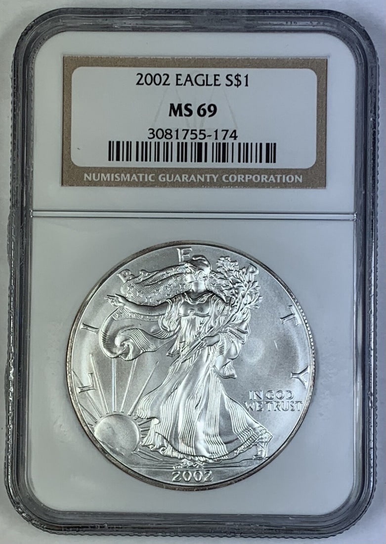 Set of 5 2002 Silver Eagle $1 Coins NGC MS 69 Certified: Set of 5 2002 Silver Eagle $1 Coins NGC MS 69 Certified This 2002 American Silver Eagle coin has a denomination of $1 and is composed of silver. It is certified by NGC with a grade of MS 69, indicatin