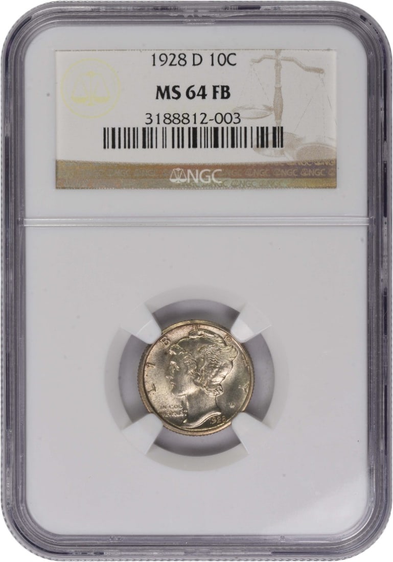 MS64FB NGC Certified 1928-D Mercury Dime United States Silver Coin: MS64FB NGC Certified 1928-D Mercury Dime United States Silver Coin This 1928-D Mercury Silver Dime is an uncirculated coin graded MS64FB by NGC. Struck at the Denver Mint, this 10-cent piece features