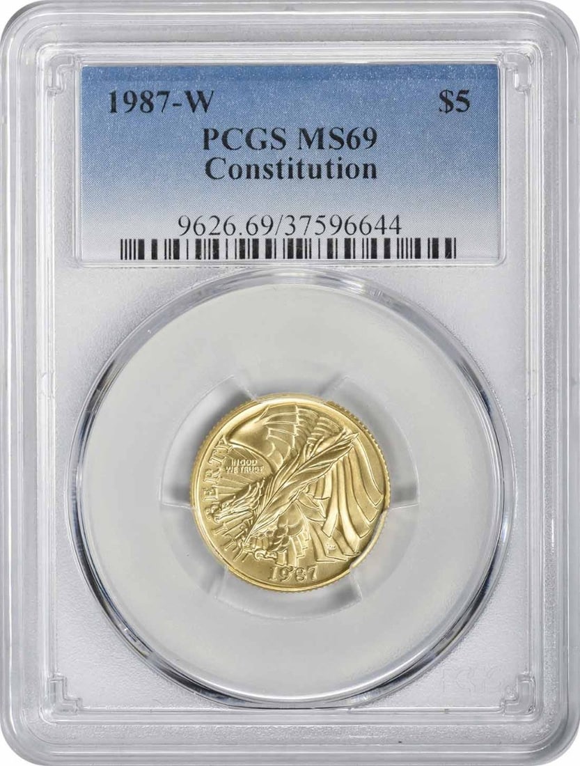 1987-W $5 Gold Commemorative Coin MS69 PCGS Uncirculated: 1987-W $5 Gold Commemorative Coin MS69 PCGS Uncirculated This 1987-W Constitution $5 Gold Five Dollar Commemorative coin is a remarkable piece, certified by PCGS with a grade of MS69, indicating its e