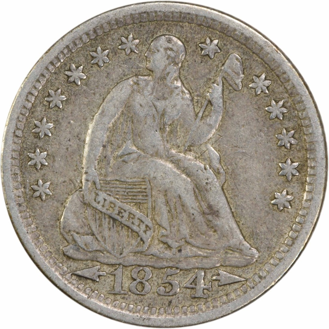 1854 Liberty Seated Half Dime 90% Silver Uncertified EF: 1854 Liberty Seated Half Dime 90% Silver Uncertified EF This 1854 Liberty Seated Silver Half Dime features a classic design by Christian Gobrecht, representing a significant piece of American coinage