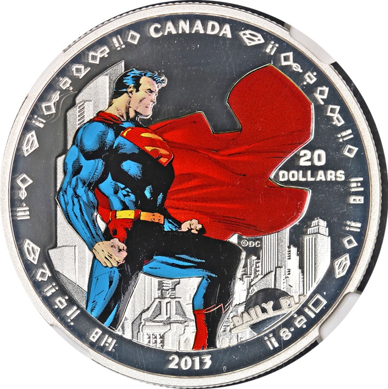 2013 Silver $20 Color Superman Coin NGC PF70 Ultra Cameo Canada: 2013 Silver $20 Color Superman Coin NGC PF70 Ultra Cameo Canada This 2013 Canada Silver $20 Superman Man of Steel coin is a colorized collectible featuring vibrant imagery of Superman. Graded by NGC a