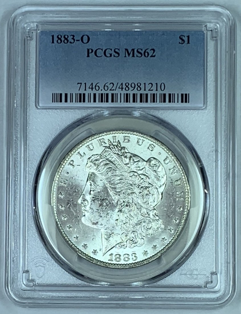 PCGS MS 62 1883-O Morgan Silver Dollar Uncirculated $1 Coin: PCGS MS 62 1883-O Morgan Silver Dollar Uncirculated $1 Coin This is an 1883-O Morgan Silver Dollar graded MS 62 by PCGS. The coin is composed of silver, is uncirculated, and originates from the United