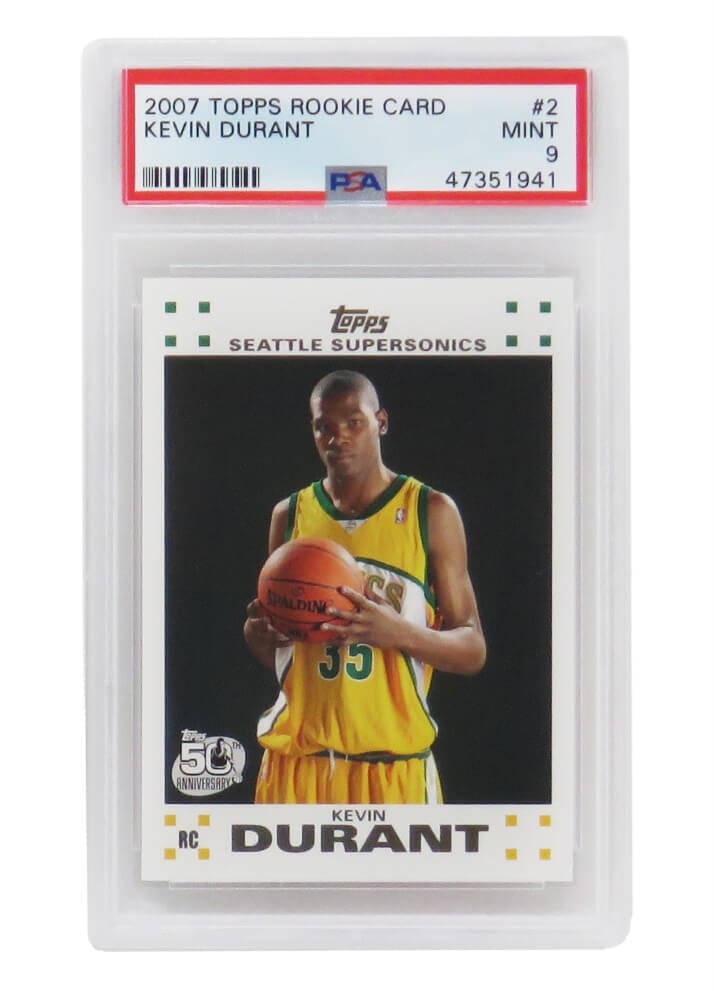 2007 Topps Kevin Durant Rookie Card PSA 9 Seattle Supersonics #2: 2007 Topps Kevin Durant Rookie Card PSA 9 Seattle Supersonics #2 This listing features a 2007 Topps Basketball #2 rookie card of Kevin Durant, encapsulated and graded Mint 9 by Professional Sports Aut