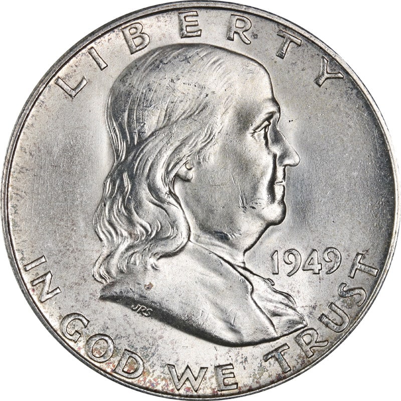 1949-S Franklin Half Dollar Silver Near Full Bell Lines: 1949-S Franklin Half Dollar Silver Near Full Bell Lines This 1949-S Franklin Half Dollar showcases near full bell lines, a hallmark of quality in coin collecting. The coin is circulated and made of si