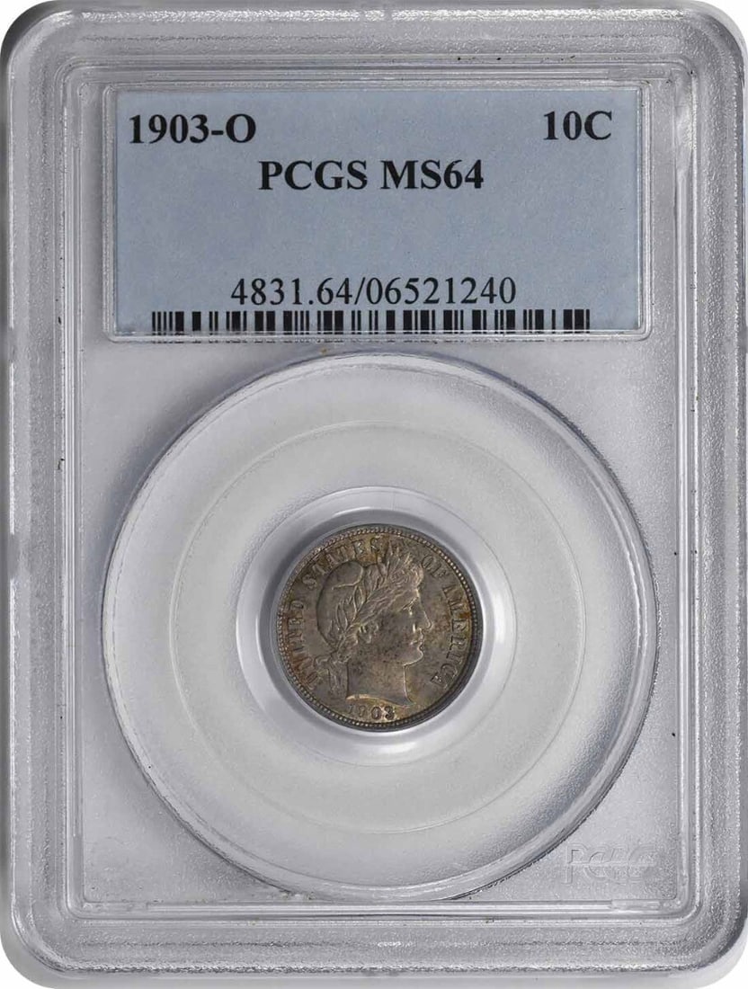 1903-O Barber Silver Dime MS64 PCGS Uncirculated Coin: 1903-O Barber Silver Dime MS64 PCGS Uncirculated Coin This 1903-O Barber Silver Dime is an uncirculated coin certified by PCGS with a grade of MS64. Struck at the New Orleans mint, this dime features