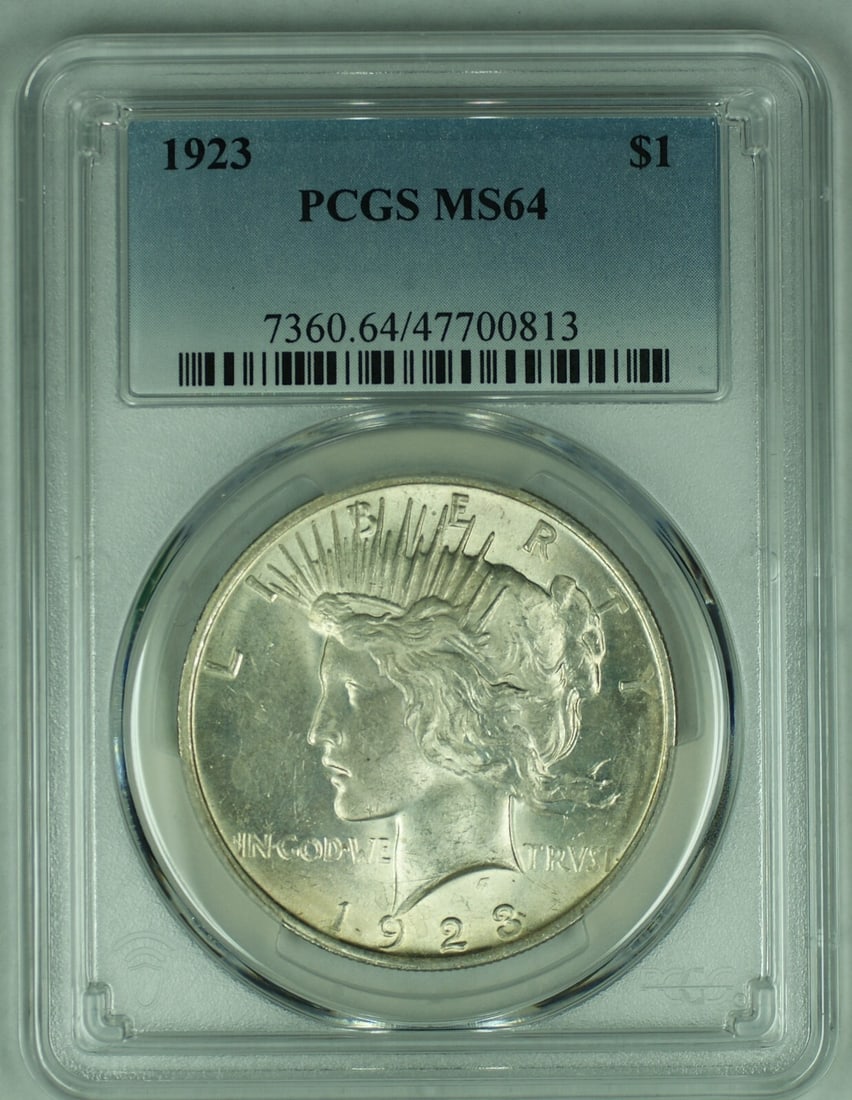 PCGS MS 64 1923 Peace Dollar Silver Coin United States $1: PCGS MS 64 1923 Peace Dollar Silver Coin United States $1 This 1923 Peace Silver Dollar coin is graded MS 64 by PCGS. Struck in silver, it remains uncirculated and is certified for authenticity and co