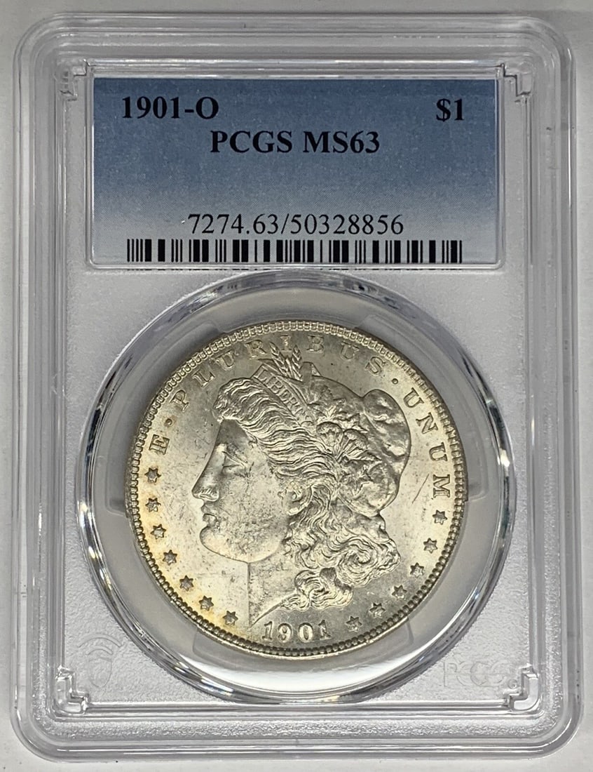 PCGS MS 63 1901-O Silver Morgan Dollar Uncirculated: PCGS MS 63 1901-O Silver Morgan Dollar Uncirculated This is a 1901-O Morgan Silver Dollar coin from the United States, graded MS 63 by PCGS. The coin is uncirculated and composed of silver. It is cert