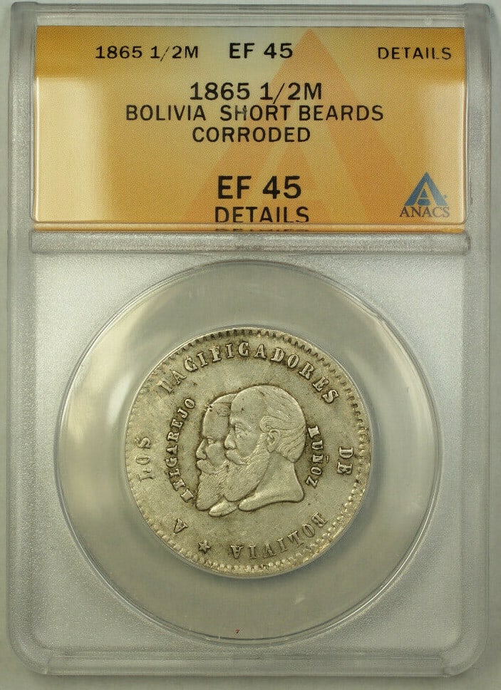 Bolivia 1865 1/2 Melgarejo Short Beards Silver Coin ANACS XF 45: Bolivia 1865 1/2 Melgarejo Short Beards Silver Coin ANACS XF 45 This 1865 Bolivia 1/2 Melgarejo Short Beards silver coin is certified by ANACS with an EF-45 grade and has been noted as corroded. The c