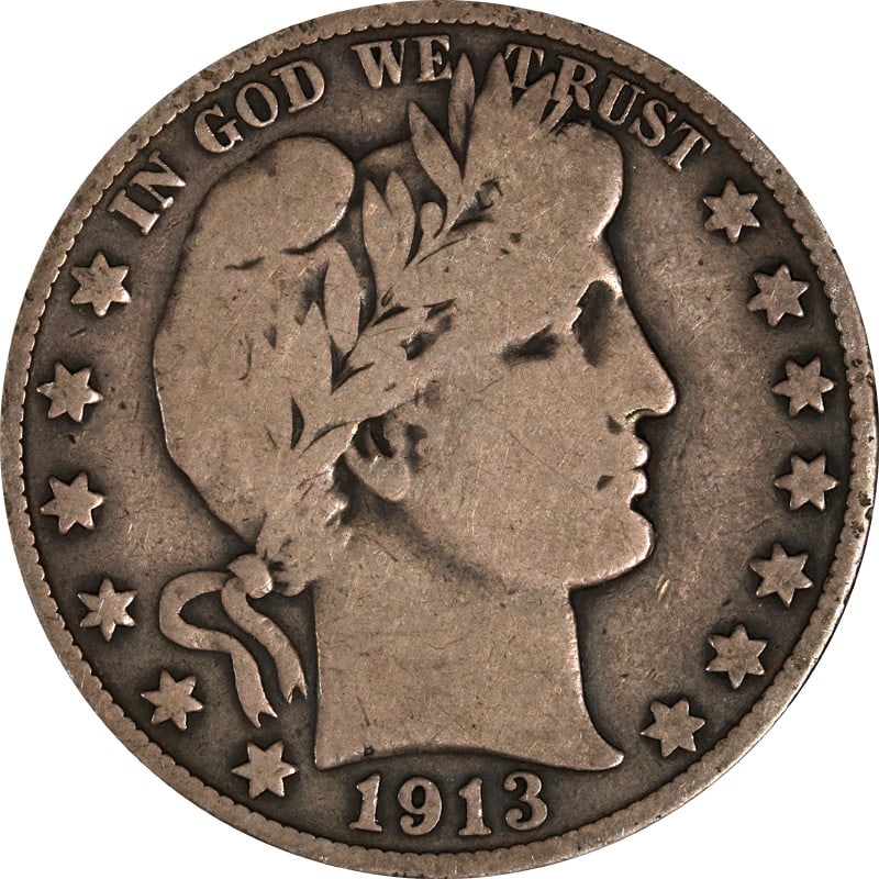 1913-S Barber Half Dollar 90% Silver Circulated Coin (1 of 2)