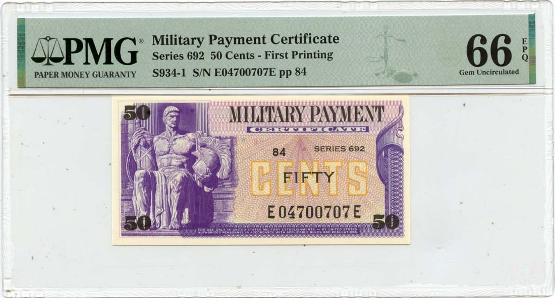 Uncirculated Series 692 Military Payment Certificate 50 Cent PMG 66 EPQ: Uncirculated Series 692 Military Payment Certificate 50 Cent PMG 66 EPQ This Series 692 50 cents Military Payment Certificate from the United States is graded MS66 GEM by PMG, indicating an uncirculat