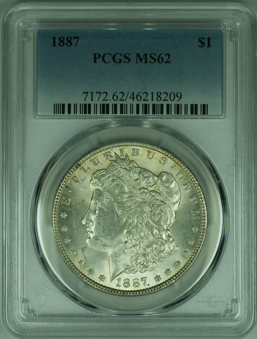 PCGS MS-62 1887 Morgan Dollar Silver Coin from Philadelphia: PCGS MS-62 1887 Morgan Dollar Silver Coin from Philadelphia This 1887 Morgan Silver Dollar features a composition of silver with a fineness of 0.9. Certified by PCGS and graded MS-62, it is an uncircu