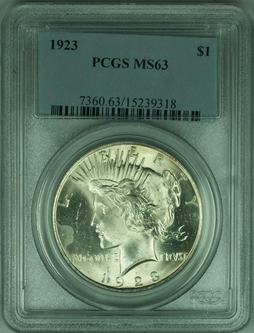 PCGS MS63 1923 $1 Peace Dollar Silver Coin Philadelphia Mint: PCGS MS63 1923 $1 Peace Dollar Silver Coin Philadelphia Mint This is a 1923 United States Peace Silver Dollar $1 coin, certified by PCGS with a grade of MS-63. The coin is uncirculated and was minted