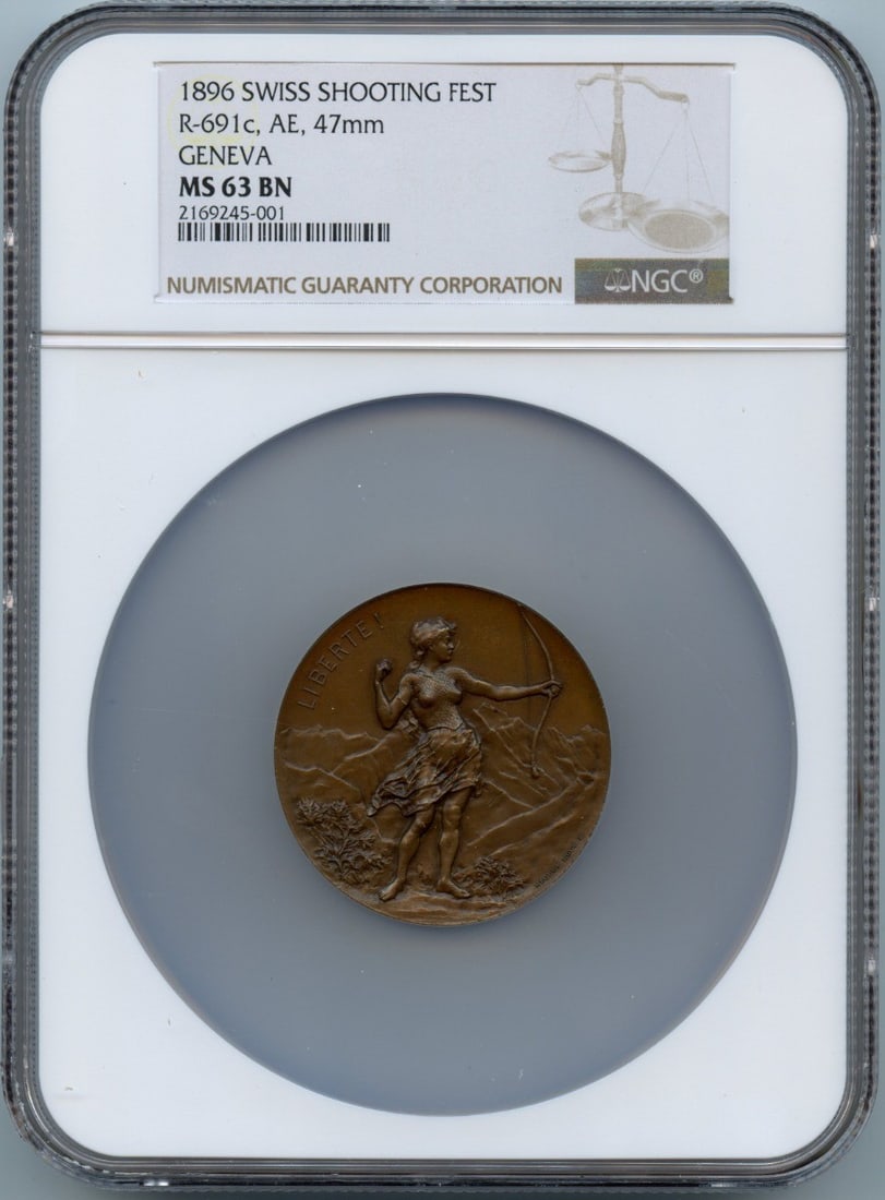 1896 Switzerland Shooting Festival 47mm NGC MS63 Bronze Medal R-691c: 1896 Switzerland Shooting Festival 47mm NGC MS63 Bronze Medal R-691c This is an un-used 1896 Swiss Shooting R-691c commemorative medal, struck in AE (bronze alloy) with a 47mm diameter. The medal is c