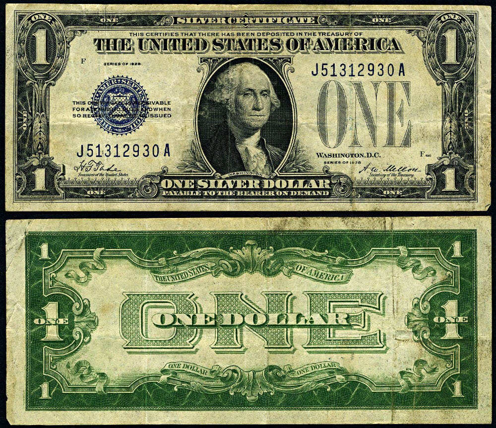 1928 $1 J-A Block Silver Certificate Uncertified Circulated: 1928 $1 J-A Block Silver Certificate Uncertified Circulated This 1928 $1 Silver Certificate, designated as FR. 1600, features original paper quality and is noted for its attractive color and eye appea