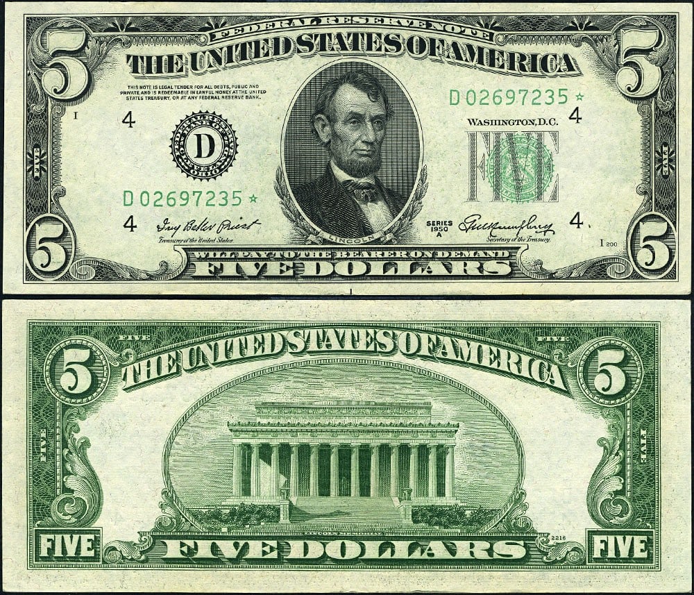 1950-A $5 Federal Reserve Star Note D* Block Cleveland AU+ (1 of 3)