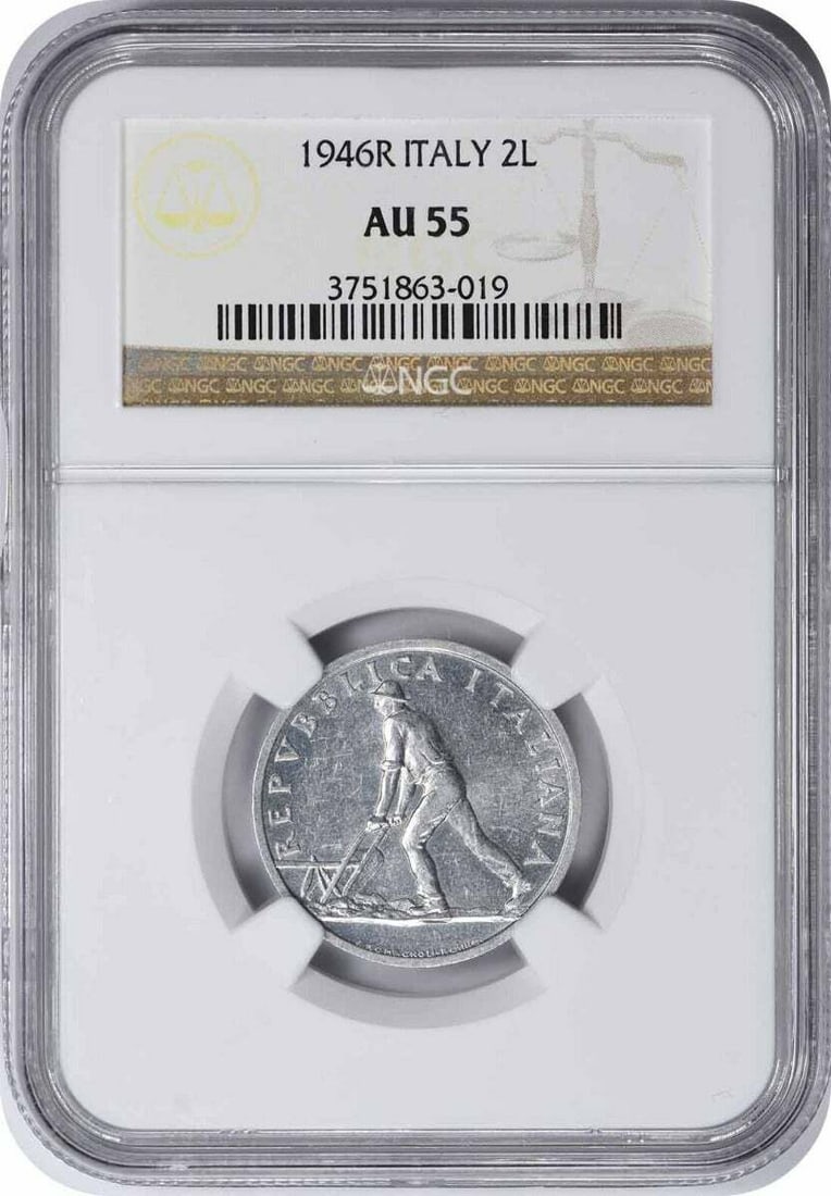 1946-R Italy 2 Lire Coin AU55 Certified NGC Aluminum: 1946-R Italy 2 Lire Coin AU55 Certified NGC Aluminum This is a 1946-R Italy 2 Lira coin, certified by NGC with a grade of AU55. The coin is made of aluminum and is in circulated condition, reflecting