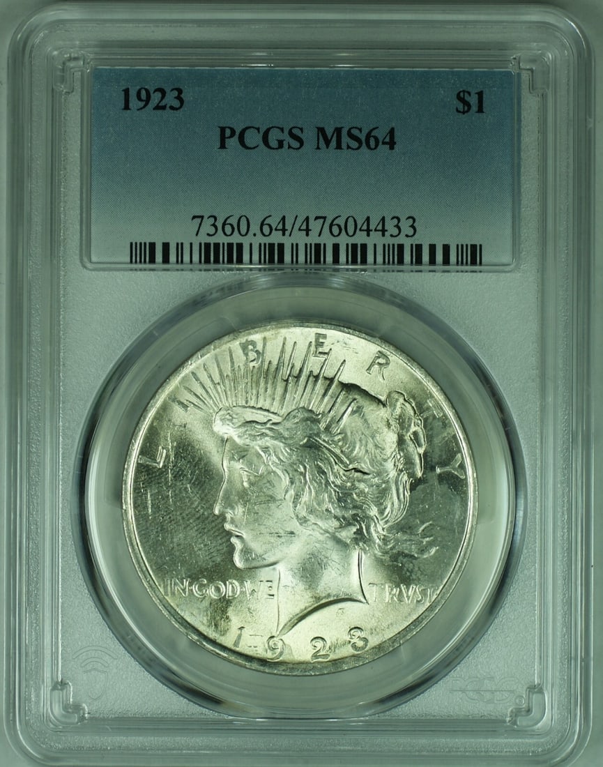 PCGS Certified 1923 Peace Dollar MS64 Silver Uncirculated Coin: PCGS Certified 1923 Peace Dollar MS64 Silver Uncirculated Coin This is a 1923 Peace Silver Dollar $1 coin from the United States, graded MS 64 by PCGS. The coin is composed of silver and is uncirculat