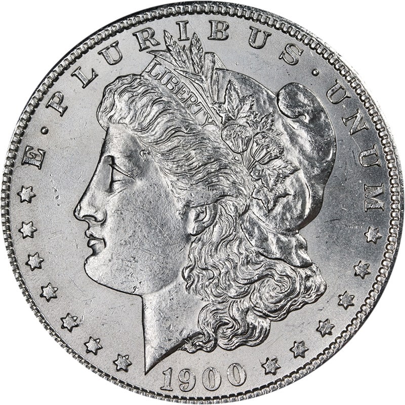 Uncirculated 1900-S Morgan Silver Dollar BU with Brilliant Luster: Uncirculated 1900-S Morgan Silver Dollar BU with Brilliant Luster This 1900-S Morgan Silver Dollar is an uncirculated coin with brilliant luster and a strong strike. The coin features a blast white ap