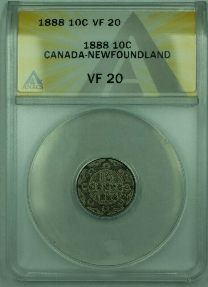 ANACS VF-20 Canada-Newfoundland 1888 Silver 10 Cent Certified Coin: ANACS VF-20 Canada-Newfoundland 1888 Silver 10 Cent Certified Coin This is an 1888 Canada-Newfoundland 10 cent silver coin that has been certified by ANACS with a grade of VF-20. The coin is circulate