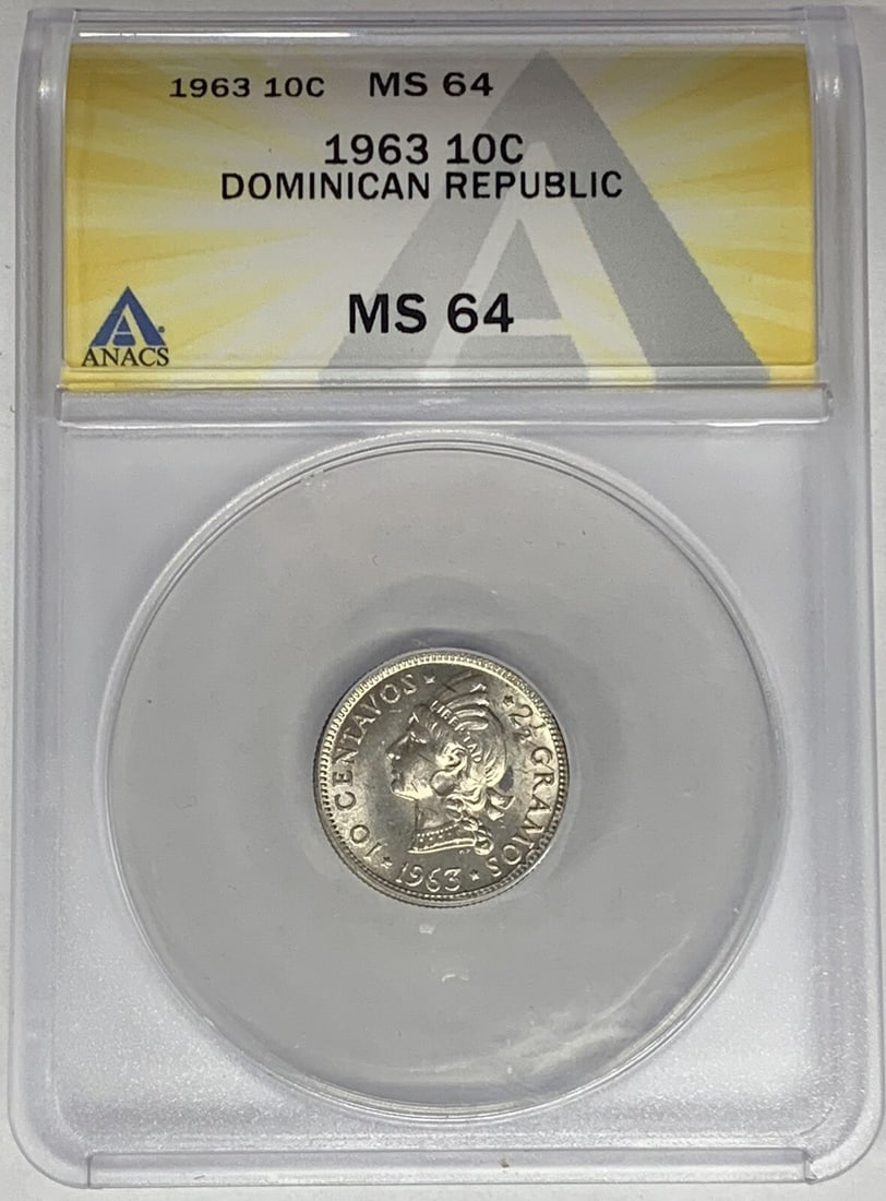 ANACS MS 64 1963 Dominican Republic 10 Centavos Certified Coin: ANACS MS 64 1963 Dominican Republic 10 Centavos Certified Coin This is a 1963 Dominican Republic 10 Centavos coin, graded MS 64 by ANACS. The coin is pre-owned and certified for authenticity and condi
