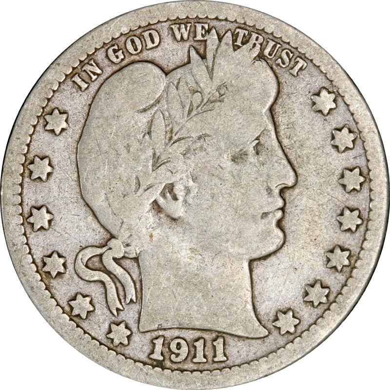 1911 Silver Quarter Barber Design Denver Mint Circulated Coin: 1911 Silver Quarter Barber Design Denver Mint Circulated Coin This 1911-D Barber Quarter is a circulated coin composed of silver with a fineness of 0.9. Minted in Denver, it remains uncertified and is
