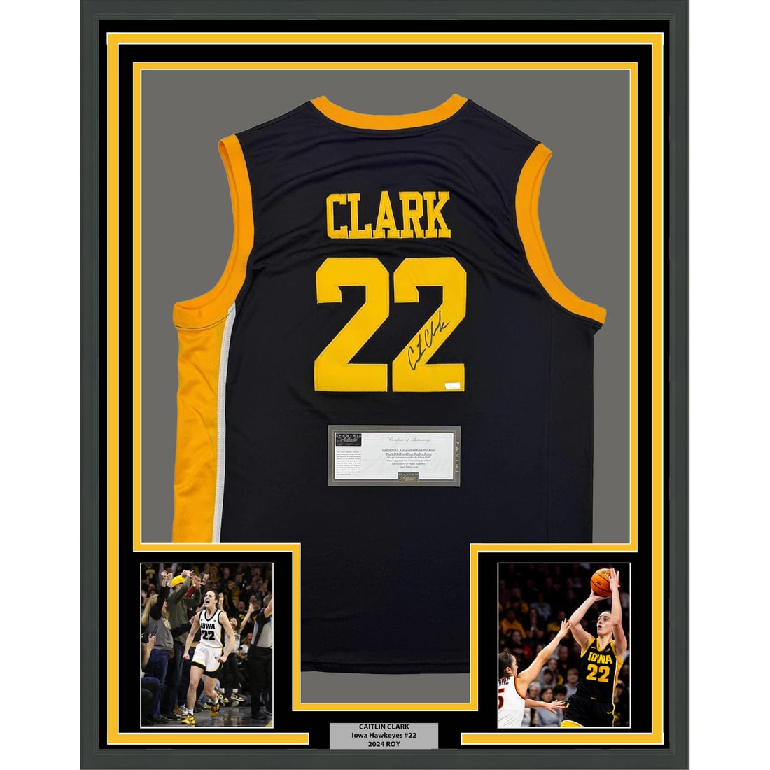 Caitlin Clark Signed Iowa Jersey Display 35x39 Panini Authenticated Framed: Caitlin Clark Signed Iowa Jersey Display 35x39 Panini Authenticated Framed This professionally framed and matted display features an autographed Caitlin Clark Iowa Hawkeyes black jersey. The frame inc