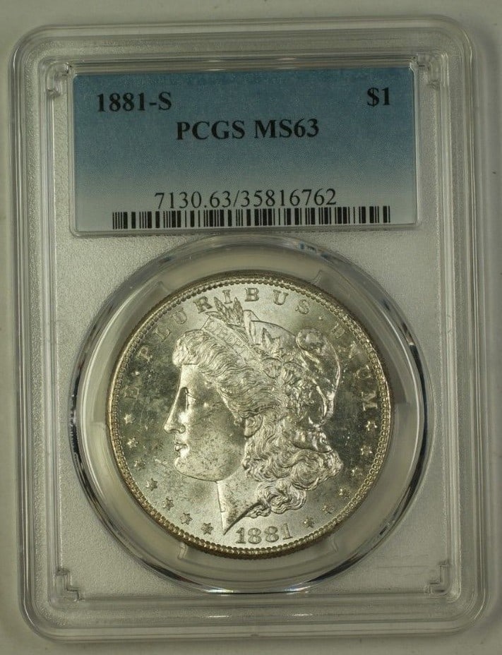 PCGS MS-63 1881-S Morgan Dollar San Francisco Mint Silver $1 Coin: PCGS MS-63 1881-S Morgan Dollar San Francisco Mint Silver $1 Coin This 1881-S Morgan Silver Dollar is a $1 coin minted in San Francisco. Certified by PCGS with a grade of MS 63, it is composed of silv