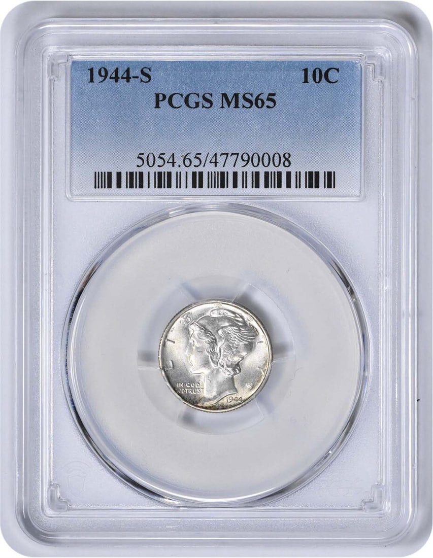 1944-S Mercury Dime MS65 PCGS Uncirculated Silver Coin: 1944-S Mercury Dime MS65 PCGS Uncirculated Silver Coin This 1944-S Mercury Silver Dime is certified by PCGS and holds a remarkable grade of MS65, indicating its pristine uncirculated condition. Struck