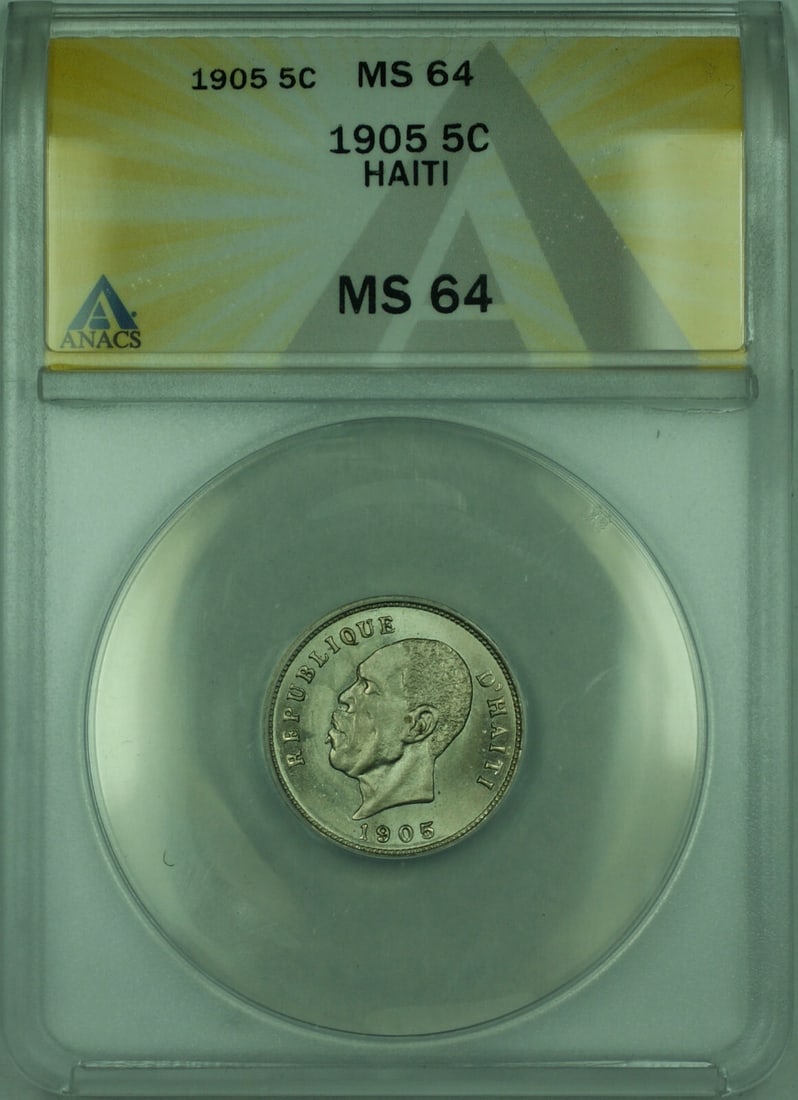 ANACS MS-64 Haiti 5 Centimes 1905 Copper-Nickel KM53 Uncirculated Coin: ANACS MS-64 Haiti 5 Centimes 1905 Copper-Nickel KM53 Uncirculated Coin This 1905 Haiti 5 Centimes coin is certified by ANACS with a grade of MS-64, indicating it is in uncirculated condition. The coin