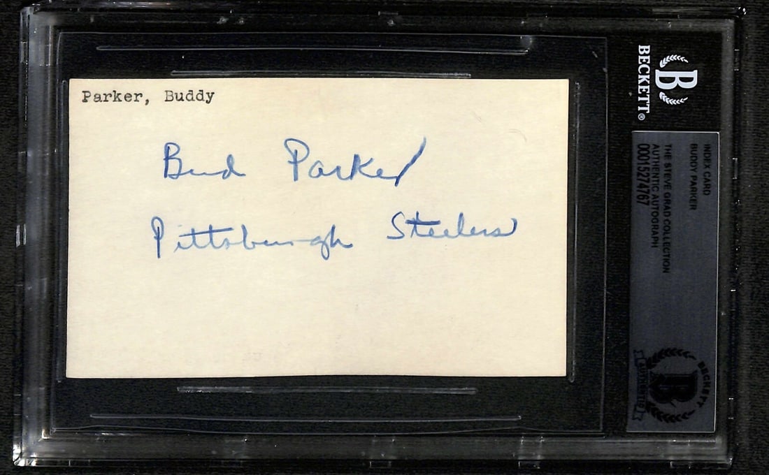 Beckett Authenticated Buddy Parker Signed 3x5 Index Card Pittsburgh Steelers Coach: Beckett Authenticated Buddy Parker Signed 3x5 Index Card Pittsburgh Steelers Coach This rare 3x5 index card features the authentic signature of Buddy Parker, former head coach of the Pittsburgh Steele