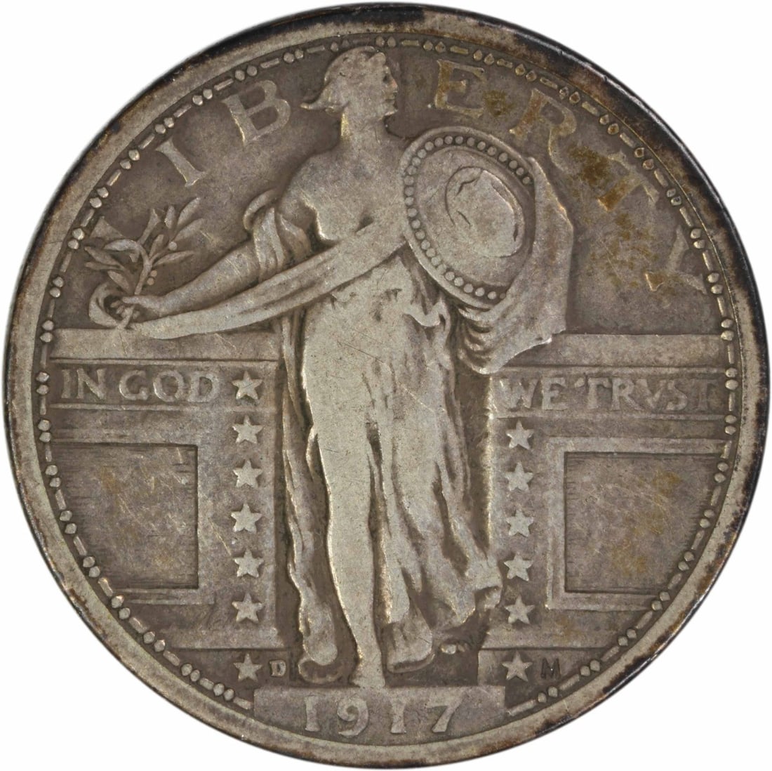 1917 Denver Mint Standing Liberty Quarter Type 1 Silver Coin Uncertified: 1917 Denver Mint Standing Liberty Quarter Type 1 Silver Coin Uncertified This 1917-D Standing Liberty Quarter is a circulated, pre-owned coin from the United States Mint in Denver. Designed by Hermon