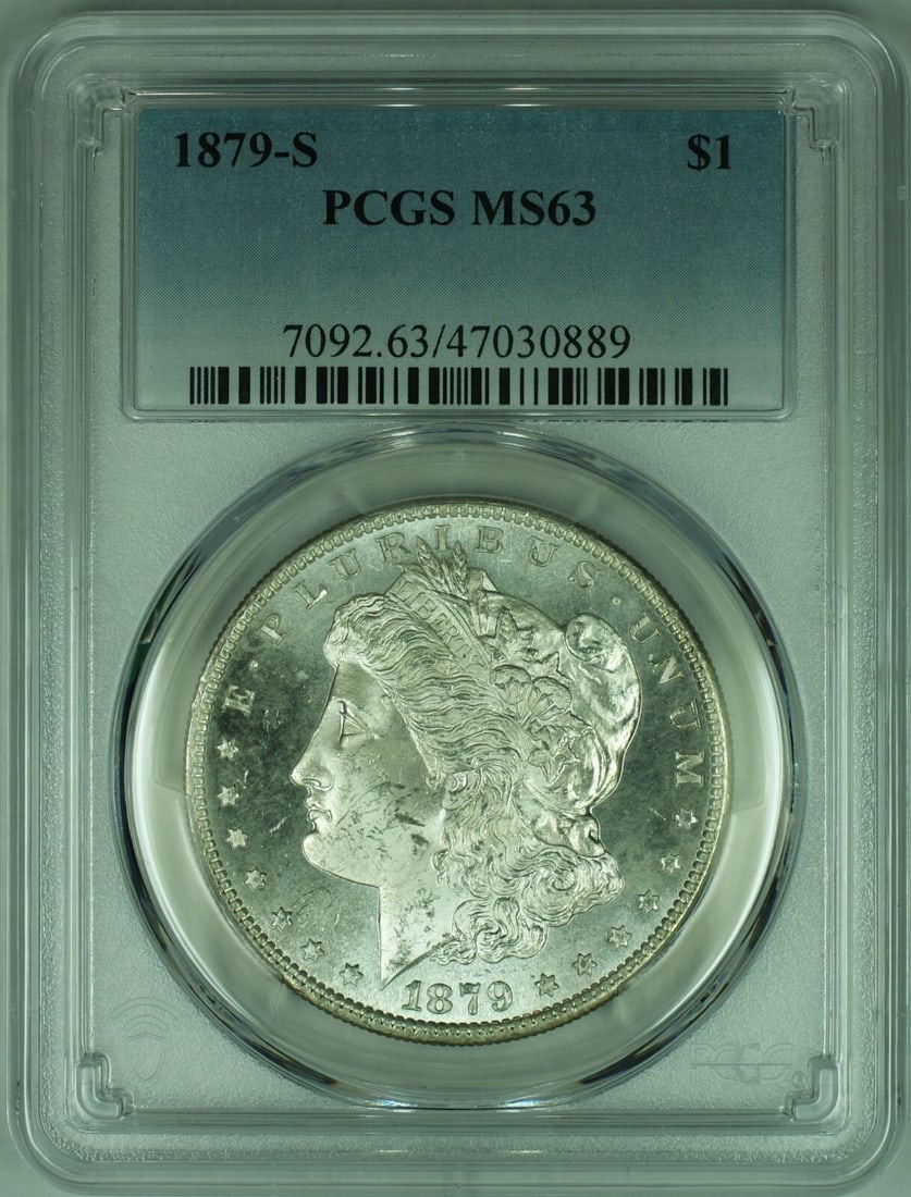 PCGS MS-63 1879-S Morgan Dollar Semi Prooflike San Francisco Mint Silver Coin: PCGS MS-63 1879-S Morgan Dollar Semi Prooflike San Francisco Mint Silver Coin This 1879-S Morgan Silver Dollar features semi proof-like surfaces and is graded MS-63 by PCGS. Minted in San Francisco, t