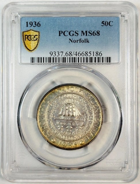 Norfolk Virginia 1936 Silver Bicentennial Dollar PCGS MS68 Philadelphia Mint: Norfolk Virginia 1936 Silver Bicentennial Dollar PCGS MS68 Philadelphia Mint This 1936 Norfolk, Virginia Bicentennial commemorative coin is a silver dollar struck at the Philadelphia Mint. Graded MS 6