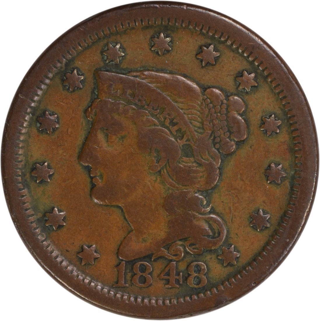 1848 Large Cent VF Braided Hair Copper Coin Uncertified: 1848 Large Cent VF Braided Hair Copper Coin Uncertified This stunning 1848 Large Cent features a beautiful Braided Hair design, crafted in copper and minted in Philadelphia. With a grade of VF (Very F