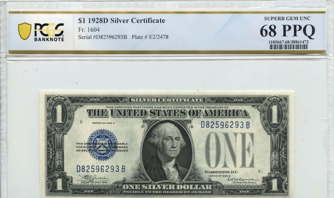 1928D $1 Silver Certificate Blue Seal Type 1604 PCGS Superb 68 PPQ: 1928D $1 Silver Certificate Blue Seal Type 1604 PCGS Superb 68 PPQ This 1928D $1 Silver Certificate features a striking blue seal and has been graded PCGS Superb 68 PPQ, indicating exceptional quality